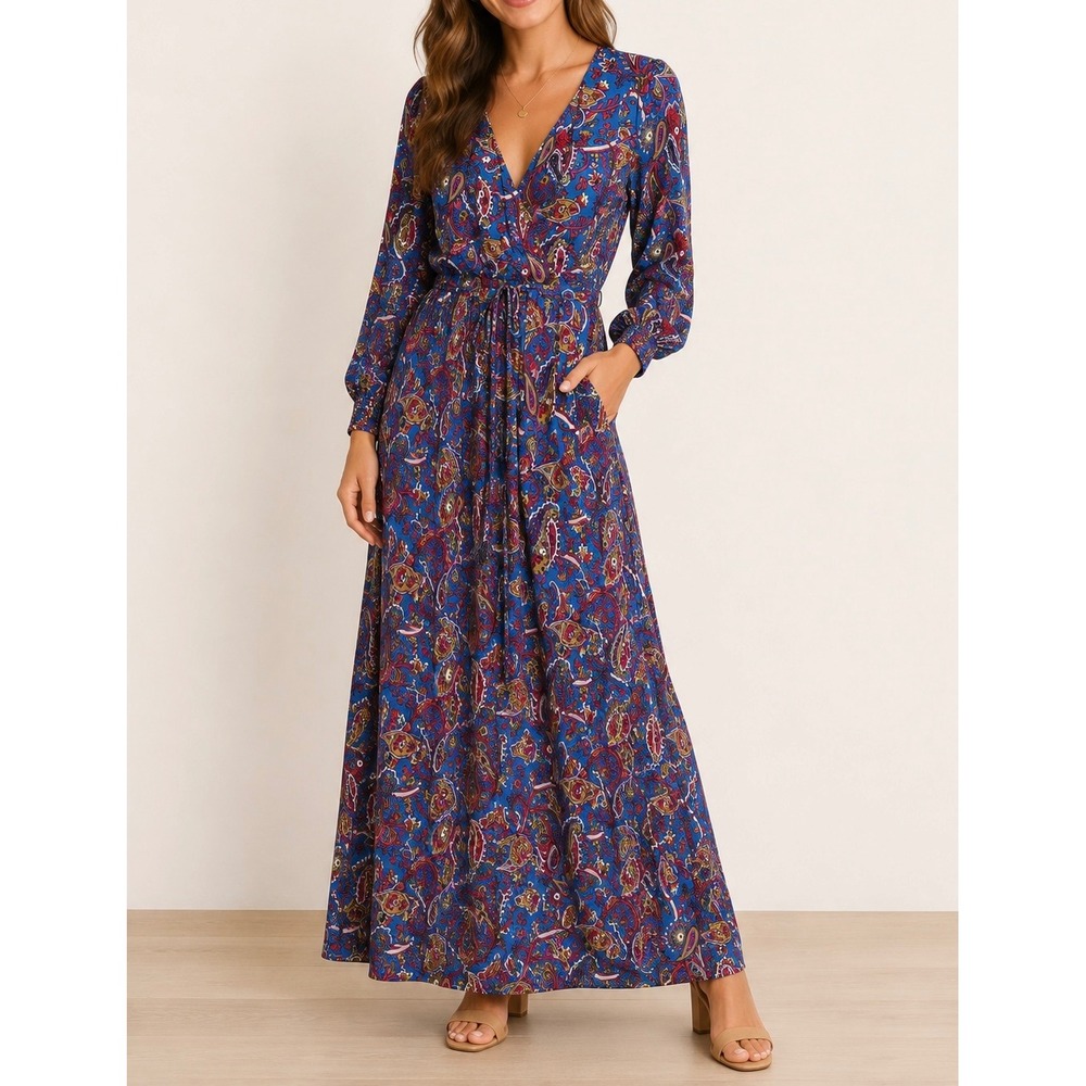 Boden Paisley Jersey Long Sleeve Maxi Wrap Dress US 8 UK 12 Colorful Boho Retro